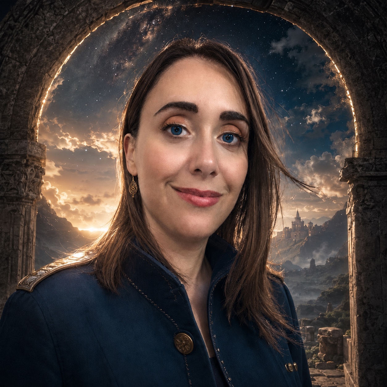 Valentina del Re davanti a un portale affacciato su un paesaggio fantastico